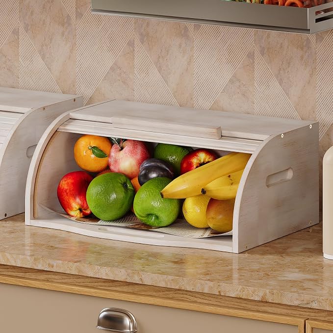 Trironsun Bamboo Roll Top Bread Box for Kitchen Countertop Large Capacity Bread Storage Bin Wooden Bread Storage Organizer Natural Breadbox for Food Storage (Antique white) - Image 6