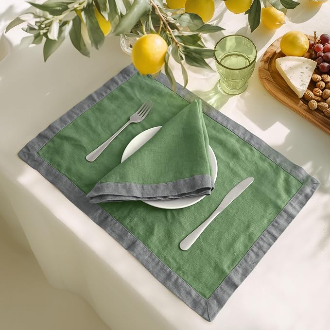 Linen World 100% French Linen Placemats Set of 4,21 x 15 Inch Double Layer Table Mats,Washable Heavyweight Placemats for Holiday Dining Kitchen Decor,Grass Green with Slate Gray Contrast Border - Image 5