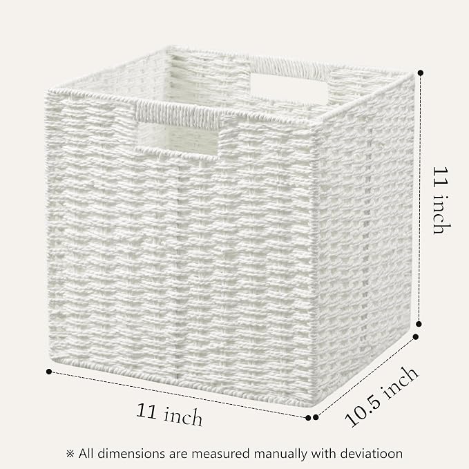 UBBCARE 3 Pack Wicker Basket, 11L×11H×10.5W inch Woven Paper Rope Storage Baskets for Shelves, Foldable Cube Storage bin with Handle, Storage Basket for Organizing & Decor, White - Image 2