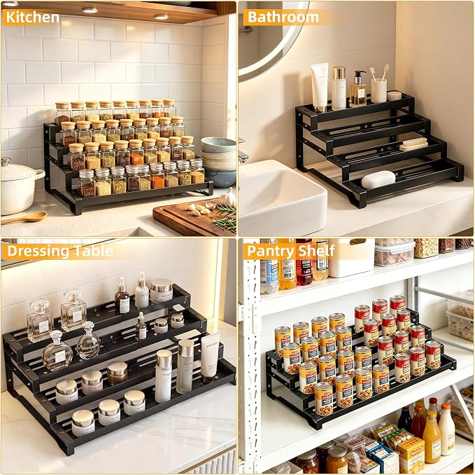 Spice Rack Organizer for Cabinet, 13-21.5" Expandable Spicy Shelf | 11.6" Depth 4-Tier Black Metal Seasoning Organizer, Kitchen Spice Organization, Slip-Resistant Guardrails for Jars and Cans - Image 5