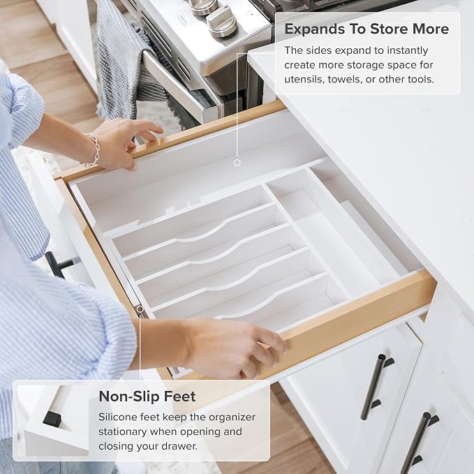 Silverware & Utensil Drawer Organizer, 10.5-19 in, White Bamboo | Cutlery, flatware, food-safe contract grade, kitchen drawer fit - Image 5