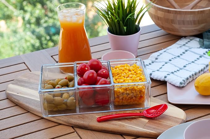 Pikanty Condiment Server Tray with 3 Removable Containers and Lids - Compact Sundae Bar, Taco Night, Dip Tray, Kids Snack Station Organizer with Carry Handles, Dishwasher Safe, Made in USA - Image 2