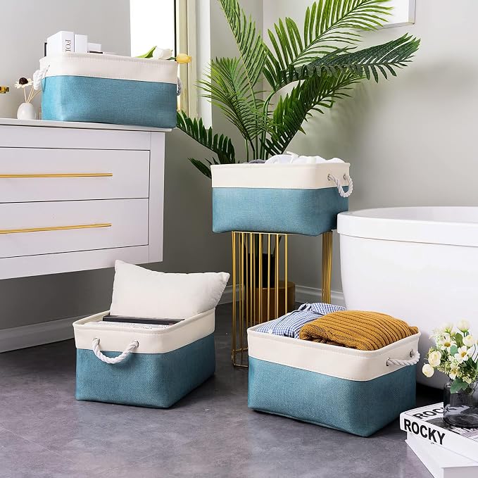 Fabric Storage Bin with Handles,Storage Basket for Home Storage and Organization, Shelf Basket with Cover for Living Room Bedroom Closet（White & Green Large,15.7L*11.8W*8.3H - Image 2