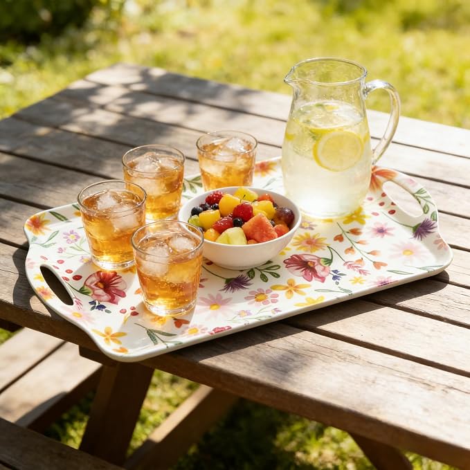Extra Large Melamine Platters, Serving Tray with Handles for Cookie, Cupcakes, Desserts, Dishwasher Safe, Ottoman Tray Decor, Set of 2, 2 pcs Mats Included (Cottagecore Flower, 19''x11.6'') - Image 3