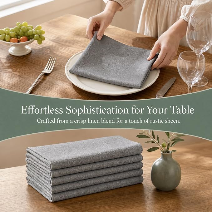 17x17 Solid Grey Linen Cloth Napkins Set of 6 Washable Reusable | Need minimalist decor? These 17x17 reusable grey cloth napkins bring modern elegance to everyday family dinners. - Image 2