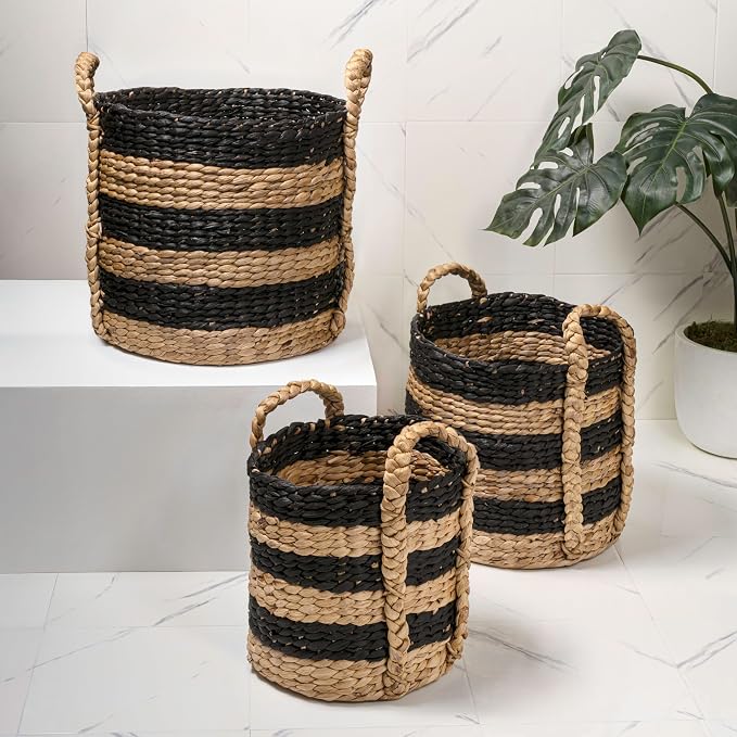 happimess Willow 3-Piece Nesting Hyacinth Baskets 19", Black/Natural | Handwoven, Rustic Cottage Stripe, Integrated Side Handles, Decorative Storage Containers, Living Room, Bedroom - Image 2