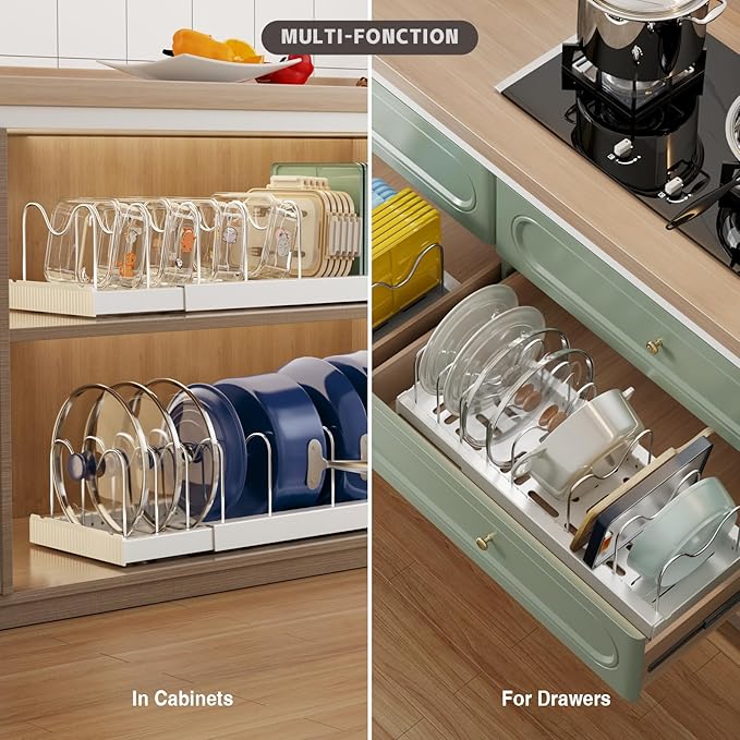 Magheo 2 Pack Expandable Food Storage Container Lid Organizers, 22" Pots and Pans Organizer Under Cabinet with 9 Adjustable Dividers Pot and Pan Lid Holders Rack Inside Cabinet(White) - Image 4