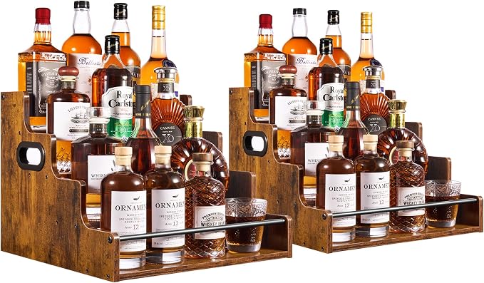 YQBRAO 2-Pack 4-Tier Liquor Bottle Display Shelf, 16-Inch, Rustic Brown | Two racks hold up to 32 bottles total for bourbon, spirits, home bars, dining areas, and entertaining spaces. by Unknown