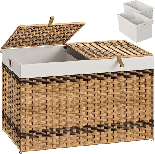 HOOBRO Storage Basket with Lid, 42.3 Gallon (160L) Wicker Storage Basket with 2 Separate Lid, Blanket Storage Bin with 2 Removable Liner Bags, for Bedroom, Laundry, Natural and Brown NL276CW01 by HOOBRO