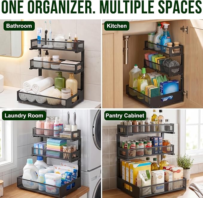 3 Tier Under Sink Organizer,1 Pack Pull Out Cabinet Shelves with Adjustable Height,Heavy Duty Carbon Steel L-Shaped Storage for Kitchen Bathroom Sink,Pantry & Laundry,Black - Image 9