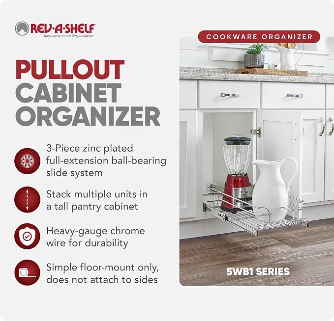 Rev-A-Shelf Steel Wire Pullout Drawer Organizer Shelf for Kitchen Cabinets, Slide Out Storage Basket, Min Opening Width of 11.5" W, 12" x 22", 5WB1-1222CR-1 - Image 6