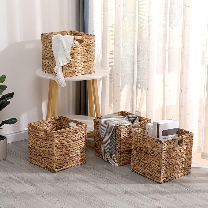 11x11in Storage Baskets 4 Pcs Water Hyacinth Baskets,Foldable Handwoven Storage Cubes - Image 6