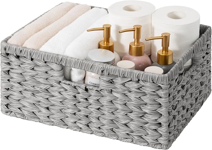 GRANNY SAYS Wicker Storage Baskets for Shelves, Wicker Baskets, Gray,1-Pack | Waterproof Wicker Baskets for Organizing, Plastic Woven Baskets for Shelves, Decorative Baskets for Living Room, Gray Basket by GRANNYSAYS