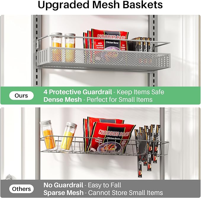 SNTD 8 Tiers Over the Door Organizer, 17" W x 6" D x 69" H, Grey | Pantry Door Organizers and Storage, Height Adjustable Spice Rack, Dense Mesh Baskets, Anti-Swing, Adjustable Door Fastener - Image 5