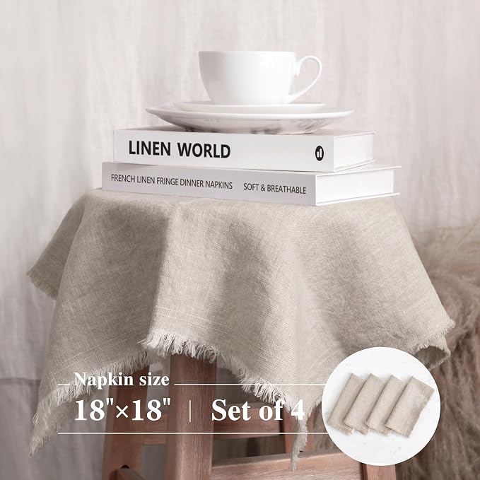 Linen World Fringe Linen Dinner Napkins 18x18 Inch,Soft and Breathable 100% French Flax Cloth Napkins,Stone Washed Set of 4(Natural Fringe) - Image 4