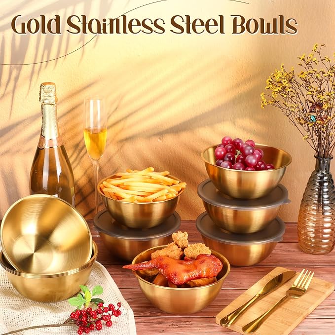 Nuogo 12 Pcs 6.69 Inches Gold Stainless Steel Mixing Bowls with Airtight Lids Stackable Metal Serving Esthetician Facial Bowls for Salad, Fruit, Soup & Kitchen Prep - Image 3