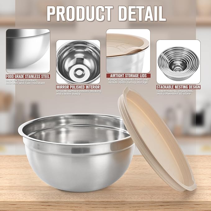 21PCS Mixing Bowls with Lids Set, 7 Mixing Bowls & 14 Measuring Spoons, Stainless Steel Nesting Bowls for Baking & Cooking Prepping Space Saving Storage, Kitchen Essentials, 0.6-5.5QT - Image 8