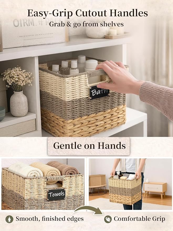 12 Inch Cube Storage Bins, 4 Pack Wicker Storage Baskets, Natural | Water Hyacinth Cubby Baskets, Square Handwoven Storage Bins, Foldable Shelf Baskets with Handles for Home, Organizer, decor - Image 5