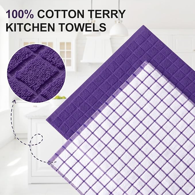 Homaxy Large Premium Cotton Kitchen Towels 16"x 28", 4 Pack, Purple | Natural Ring Spun 390 GSM Dish Towels, Super Absorbent Terry Kitchen Hand Towels, Soft Tea Towels with Hanging Loop - Image 2