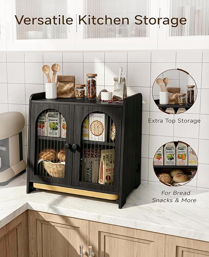 Bread Box for Kitchen Countertop, Large Double Layer Wooden Bread Storage Container with Acrylic Window, Adjustable Air Vents & Built-In Cutting Board, Pantry Organizer, Black - Image 5
