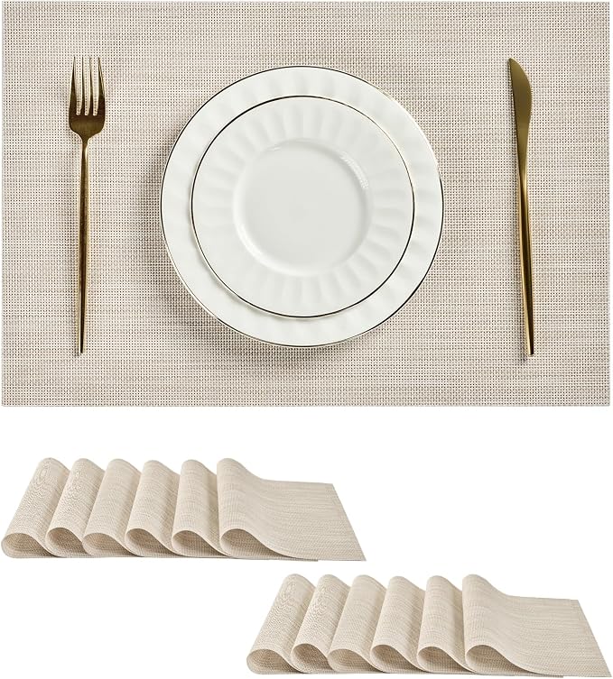 Leetaltree Beige White Placemats Set of 12 - Heat Resistant Non-Slip Place mats for Dining Table, Washable Durable PVC Vinyl Woven Table Mats(Beige White, 12) by Leetaltree-ArtatEveryTable