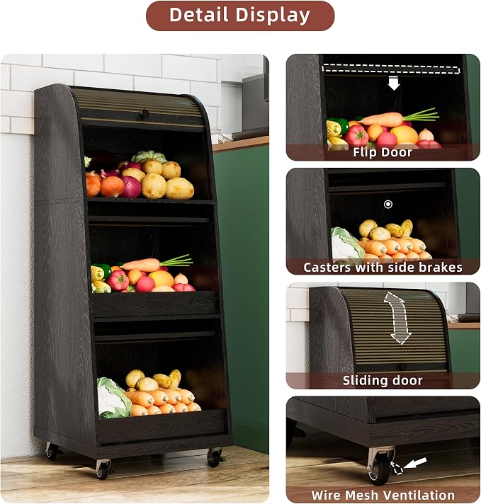 Movable Potato Storage Bins, Fruit Vegetable Basket, Kitchen Pantry Cabinet | Potato and Onion Storage Bin, for Bread, Mid Century Modern, Wooden, with Sliding Door and Wheels, Flip top, 3 Tier, Black - Image 5