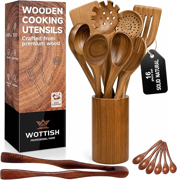 Wooden Spoons for Cooking, 16-Piece Wood Kitchen Utensil Set with Holder, Nonstick Safe Wooden Spatulas and Spoons, Smooth Cooking Utensils for Everyday Meals (A16) by WOTTISH