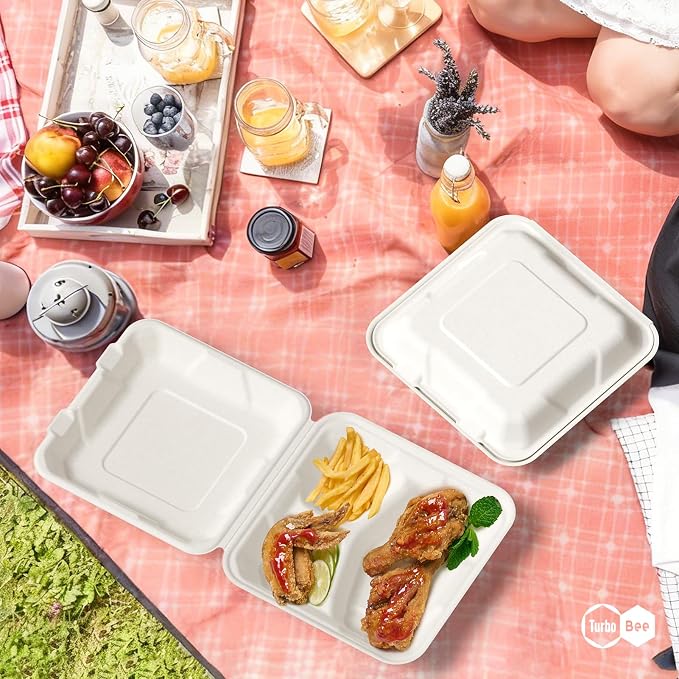 Turbo Bee 100 Pack 8x8inch White 3 Compartment Take Out Containers with Lids, Disposable Clamshell Meal Prep Containers, Divided Lunch Boxes for Catering, Restaurant & Meal Prep - Image 6