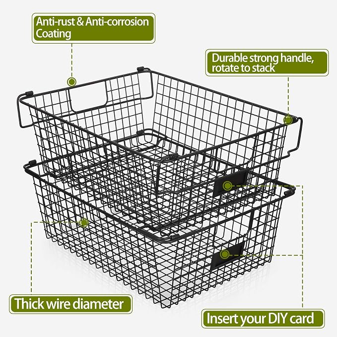 4 Pack [ XXXL Large ] STACKABLE Wire Baskets for Organizing - Pantry Storage and Organization Metal Bins for Produce, Food, Fruit - Kitchen Bathroom Closet Cabinet, Countertop, Under Sink Organizer - Image 7