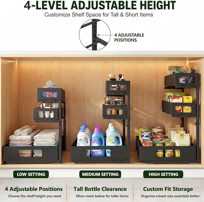 3 Tier Under Sink Organizer,1 Pack Pull Out Cabinet Shelves with Adjustable Height,Heavy Duty Carbon Steel L-Shaped Storage for Kitchen Bathroom Sink,Pantry & Laundry,Black - Image 8