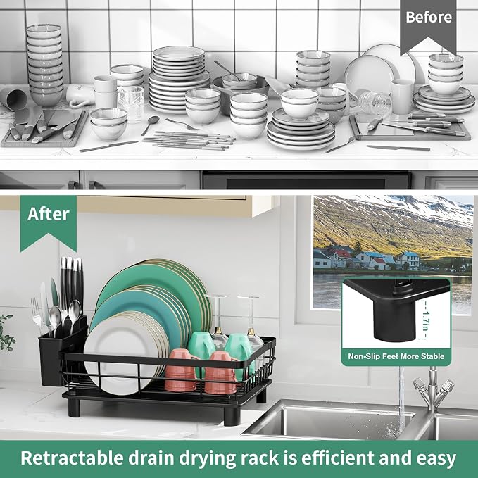 MOUKABAL Dish Drying Rack with Drainboard for Kitchen Counter, Black | 13×17 Large Capacity/Rustproof Stainless Steel/Fast Drainage Dish Drainer/Removable Utensil Holder/Kitchen Counter Organizer - Image 4