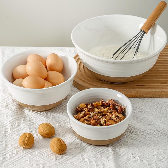 HASENSE Ceramic Serving Bowls, Large Salad Pasta Mixing Bowls Set, 2.1/1.0/0.5 Qt for Entertaining, White Nesting Batter Bowls for Prepping Baking, Dishwasher Microwave Safe, Set of 3 - Image 5