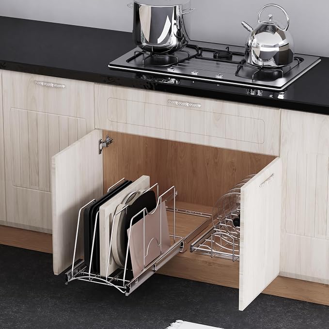Pull Out Cookie Sheet Organizer, 10" W x 22" D x 11" H, Chrome | For Cabinet, Pan and Pot, Cutting Board, Bakeware, Tray Organizer Rack, Sliding Rack- Heavy Duty, Adjustable Divider Width - Image 5