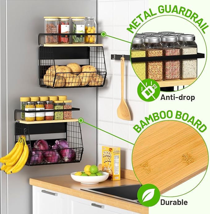 2 Set Magnetic Shelf for Refrigerator with Wood Lid, Fruit Potato & Onion Storage Bins, Pantry Organizers & Storage, Large Container Magnetic Spice Rack for Refrigerator, Kitchen Counter, Cabinet - Image 7
