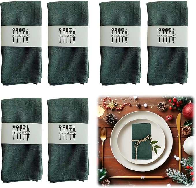 Christmas Cloth Napkins, Cotton Linen Napkins, Set of 6 Reusable Napkins, Green, 40x40cm, Cloth Napkins for Dinner Parties, Christmas, Wedding, Birthday, Party by Yuragim