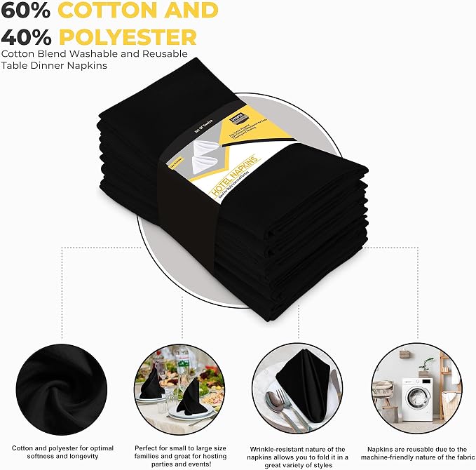 Bulk Pack-288 Hotel Cloth Napkins, 18"x18", Wrinkle Resistant, Black | High Volume Cotton Blend Collection for Restaurants, Catering & Event Venues, Washable & Reusable - Image 3