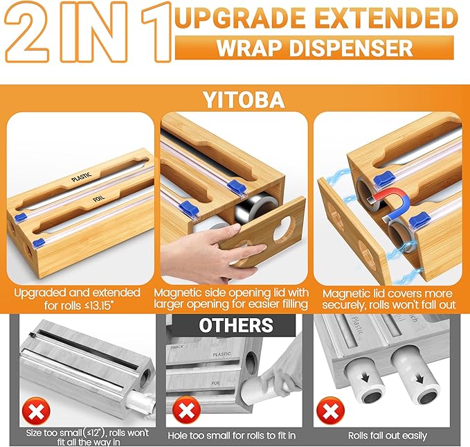 6 In 1 Bag Storage Organizer With Foil and Plastic Wrap Dispenser | Extended Aluminum Foil Holder, Bamboo Baggie Drawer for Gallon, Quart, Snack - Image 3