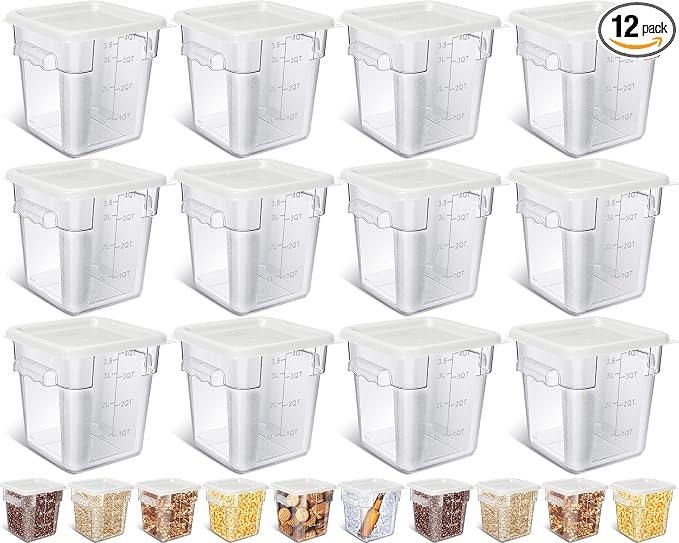 Yungyan 12 Pcs 4 Qt Commercial Food Storage Containers with Lids Restaurant Square Airtight Food Storage Containers Clear Cereal Container for Kitchen Freezer Dishwasher Pantry (White Lid) by Yungyan