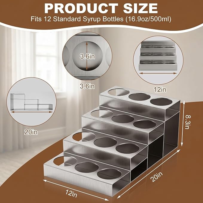 Novabright 4 Tier Coffee Syrup Rack Organizer, Stainless Steel Syrup Bottle Holder, 12 Bottles Storage Organizer for Coffee Bar, Wine Rack, Commercial Use, Home, Kitchen, Spices, 20" D x 12" W x 8" H - Image 3