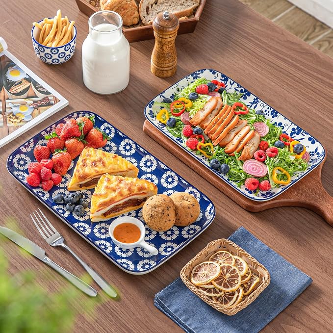 vancasso Serving Platters Set of 3, 16"/14"/12" Inch Rectangular Trays + Ceramic Mixing Bowls with Lids Set of 4,Ceramic Serving Bowls,Nesting Bowls for Food Storage - Image 9