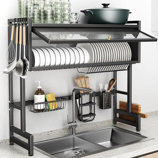 Over The Sink Dish Drainer Drying Rack 3 Tiers with Cover, Keep Kitchen Sink Shlef Organized Space-Saving Dish Drying Rack, Large Stainless Steel Sink Dish Rack for Dishes, Bowls, Cutlery (37.4"w) by CUISIBOT