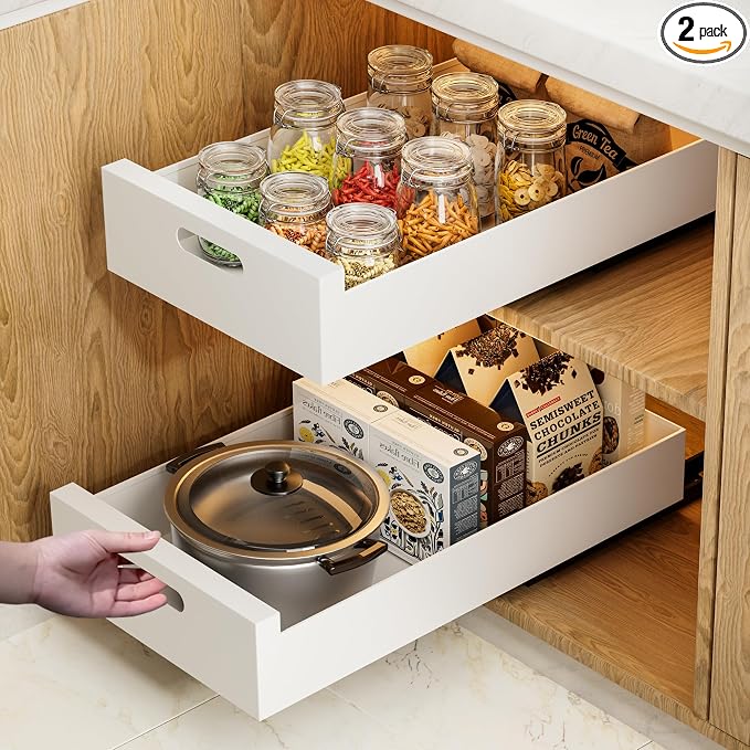 HBL' 2 Pack | 21" Deep Pull Out Cabinet Organizer Adhesive, 12-Inch Wide Sturdy Carbon Steel Roll-Out Drawers, Designed for Frameless Cabinets, Slide-Out Shelves for Pantry. by HBL