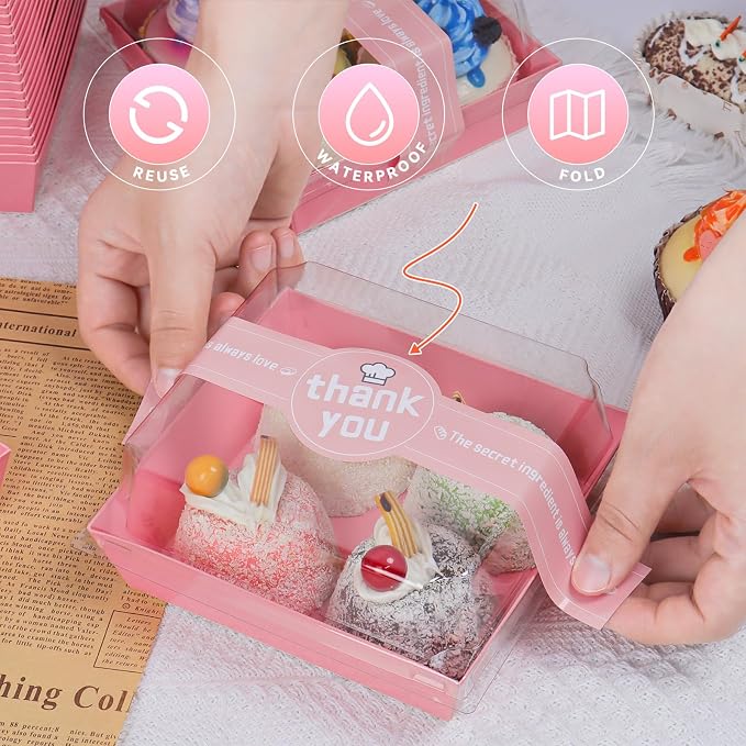 Pink Charcuterie Boxes with Clear Lids, 100 Bakery Containers | Food-Grade Material, Snug Fit, 5.3 x 4.9 x 2.5 in, Printed Bands, Dessert Takeout, Catering, Individual Portions - Image 5