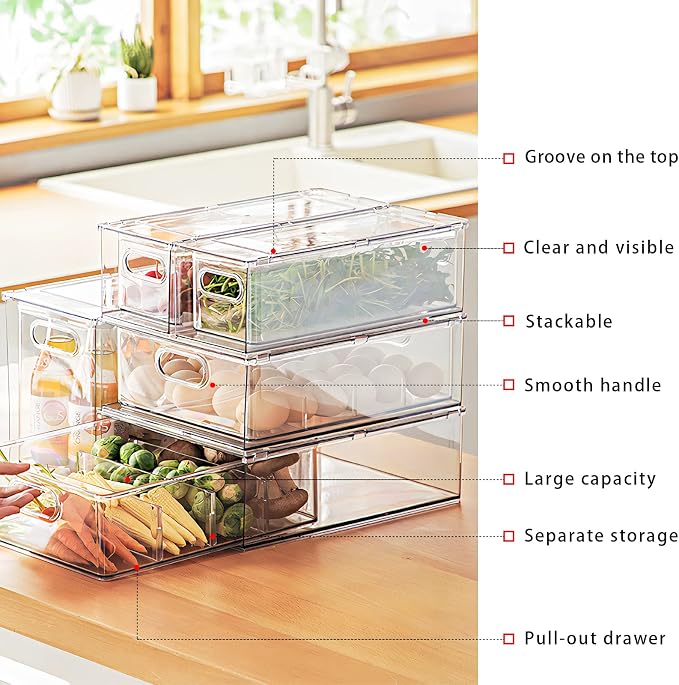 Mano Fridge Drawer Pull Out Stackable Bins with Handle Clear Refrigerator Drawers Organizer Food Storage Container Box with Dividers Plastic Produce Saver for Pantry, Cabinet, Kitchen, Clothes（4Pack） - Image 5