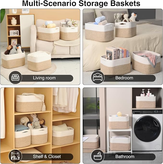 ICERZCZ Storage Baskets for Organizing & Shelves, Woven Cotton Rope Organization Bins for Dog Toys, Clothes, Books, Nursery Organizer, 15"Lx11''Wx9.5''H, (4 Packs) Off White & Brown - Image 5