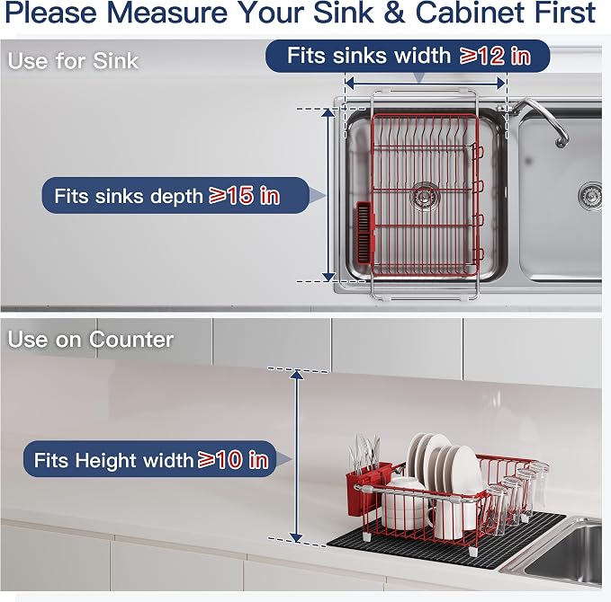 JASIWAY Red Dish Drying Rack in Sink with Mat, Cups and Utensil Holder | Use Over the Sink or Counter, Stainless Steel Expandable Dish Drainer for Small Kitchen, Space Saving, Fast Drain, Rustproof - Image 5