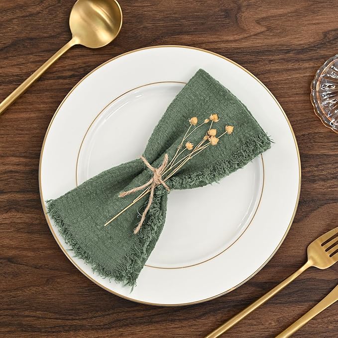 36 Pack Olive Green Cloth Napkins Cotton Linen Napkin 16 x 16 Inch Green Napkins Cloth Handmade with Fringe Soft Washable Rustic Dinner Napkin Cloths for Wedding Party Dinner Table - Image 5