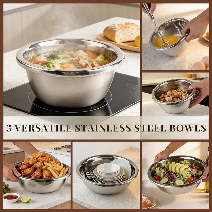 3-Piece Metal Mixing Bowl Set, Stainless Steel, Nesting | 1.3, 3.5 and 7.4 qt sizes with wide rolled rims, flat bases and deep bowls for baking, dough and salad prep - Image 5