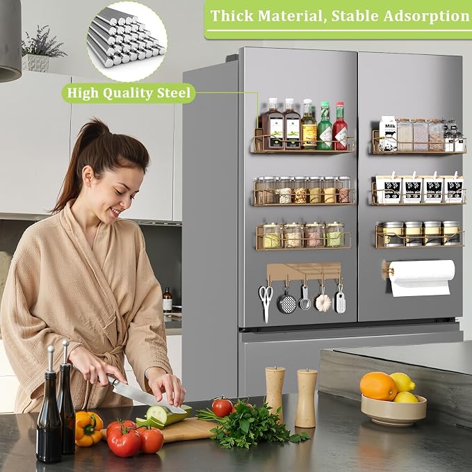 Magnetic Spice Rack for Refrigerator, 9 Pack Magnetic Fridge Shelves W/Adjustable Paper Towel Holder, Hook Rack, Moveable Spice Organizer Shelf for Kitchen Organization and Storage (Brown) - Image 6