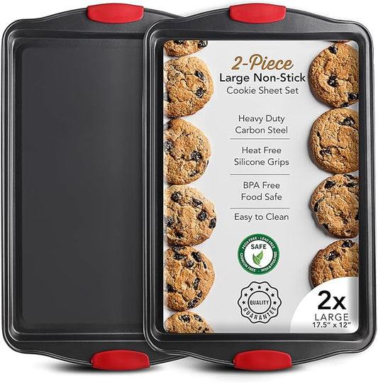 Eatex Nonstick Baking Sheet Set, 2-Piece Baking Pans Set with Silicone Handles, Carbon Steel Cookie Sheets for Baking Commercial Grade Quality Oven Tray, Large Half Sheet Pans for Baking by Eatex